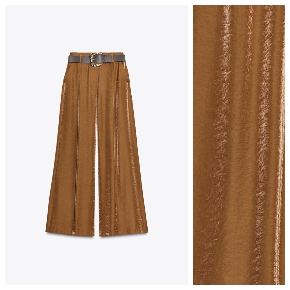 NWT. Zara Caramel Satin Effect High-waisted Trousers. Size M. - Picture 4 of 8